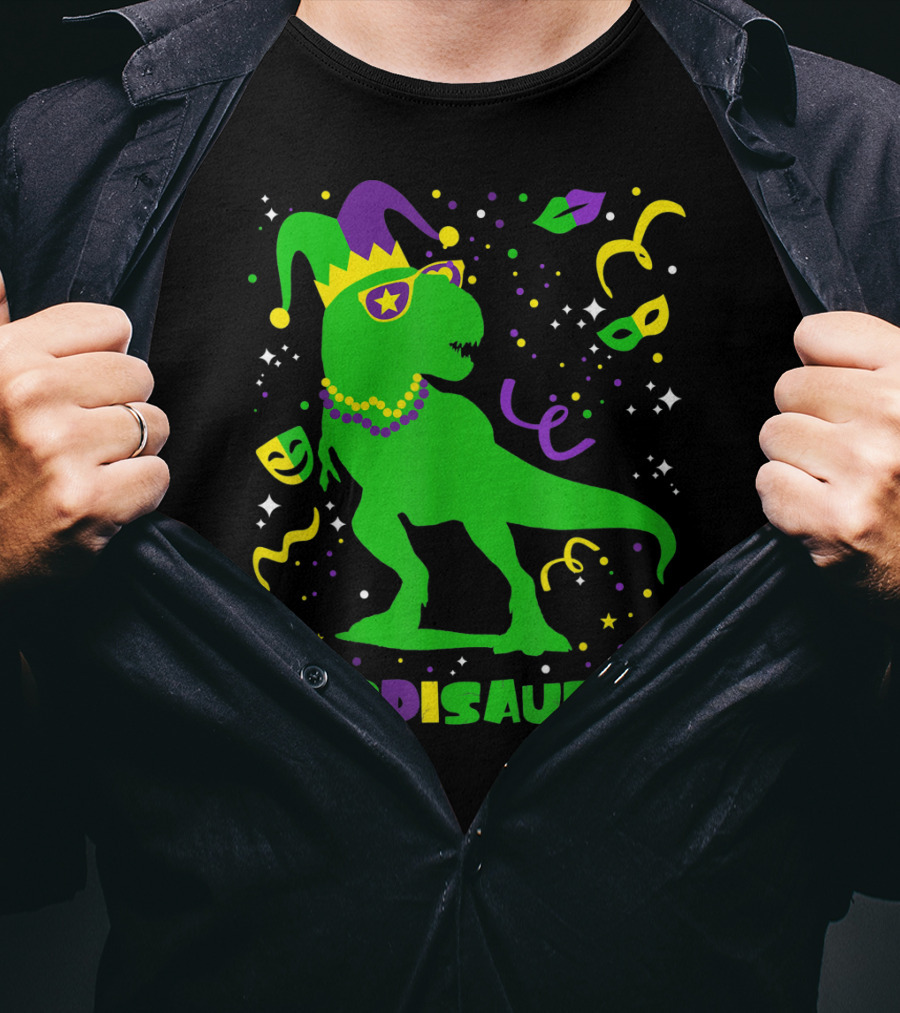 Mardi Gras Dinosaur Mardisaurus Jester Hat Beads Masks Party T-Shirt