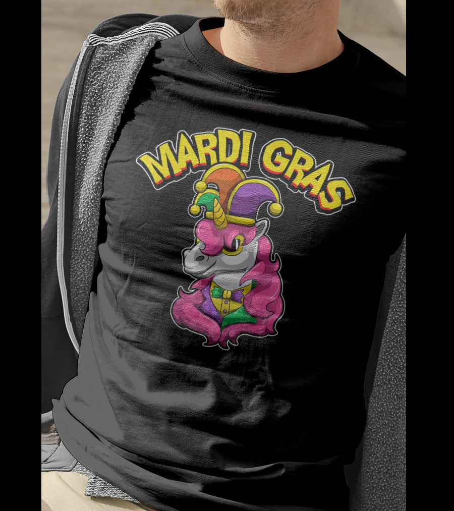 Mardi Gras Unicorn In Jester Hat With Colorful Costume T-Shirt
