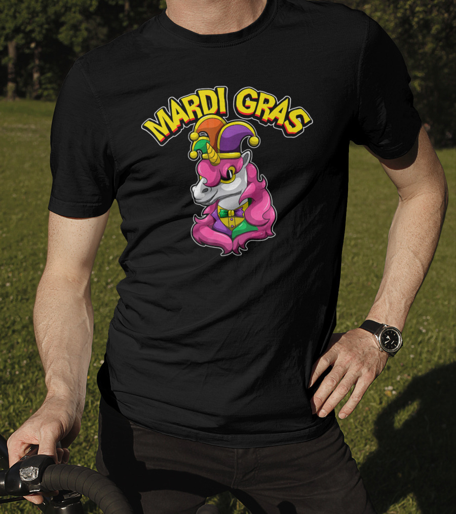 Mardi Gras Unicorn In Jester Hat With Colorful Costume T-Shirt