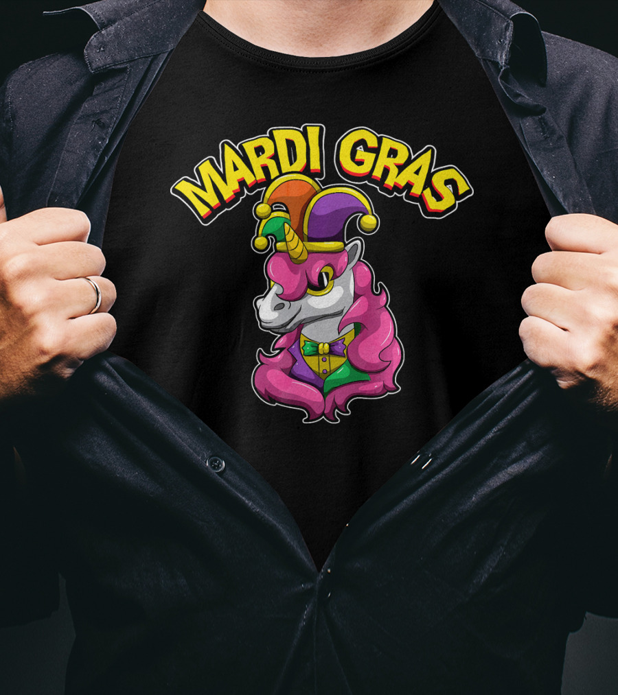 Mardi Gras Unicorn In Jester Hat With Colorful Costume T-Shirt
