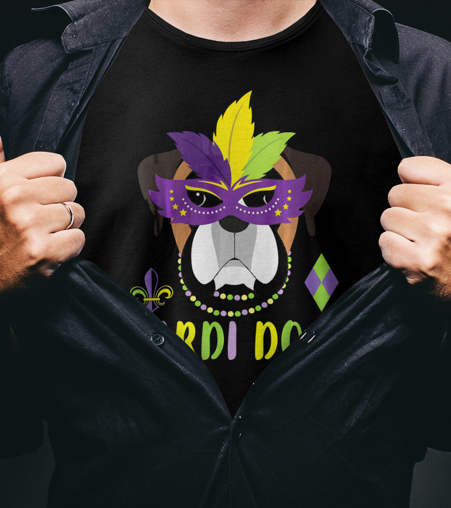 Boxer Dog Mardi Gras Mask Beads Mardi Dogs Fleur-de-Lis T-Shirt