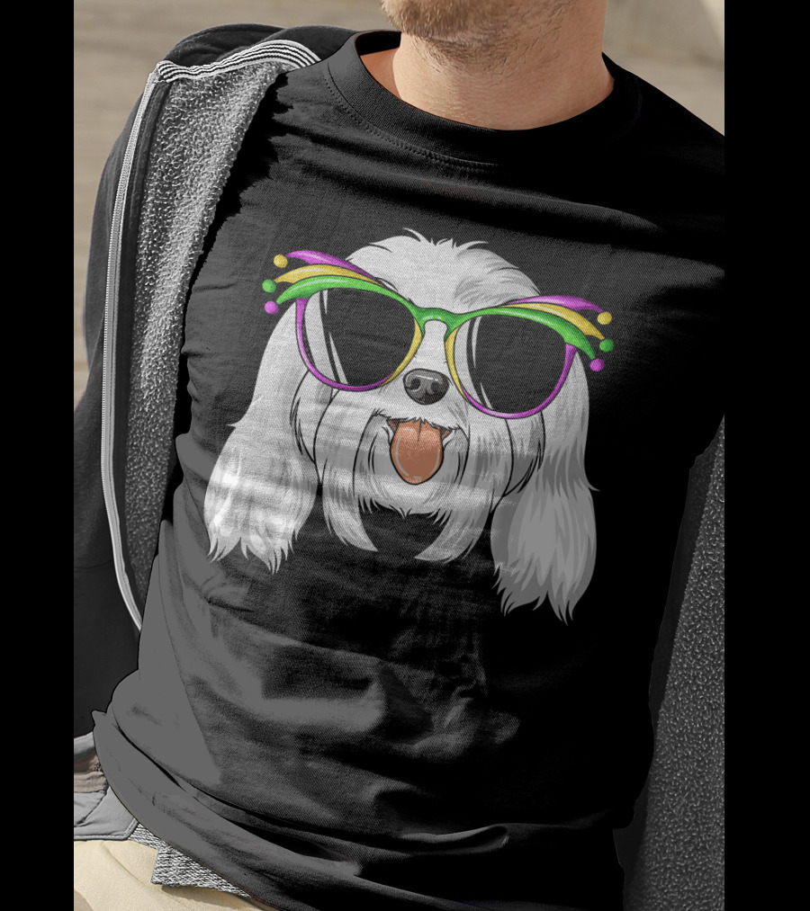 Maltese Dog With Mardi Gras Carnival Mask And Sunglasses T-Shirt