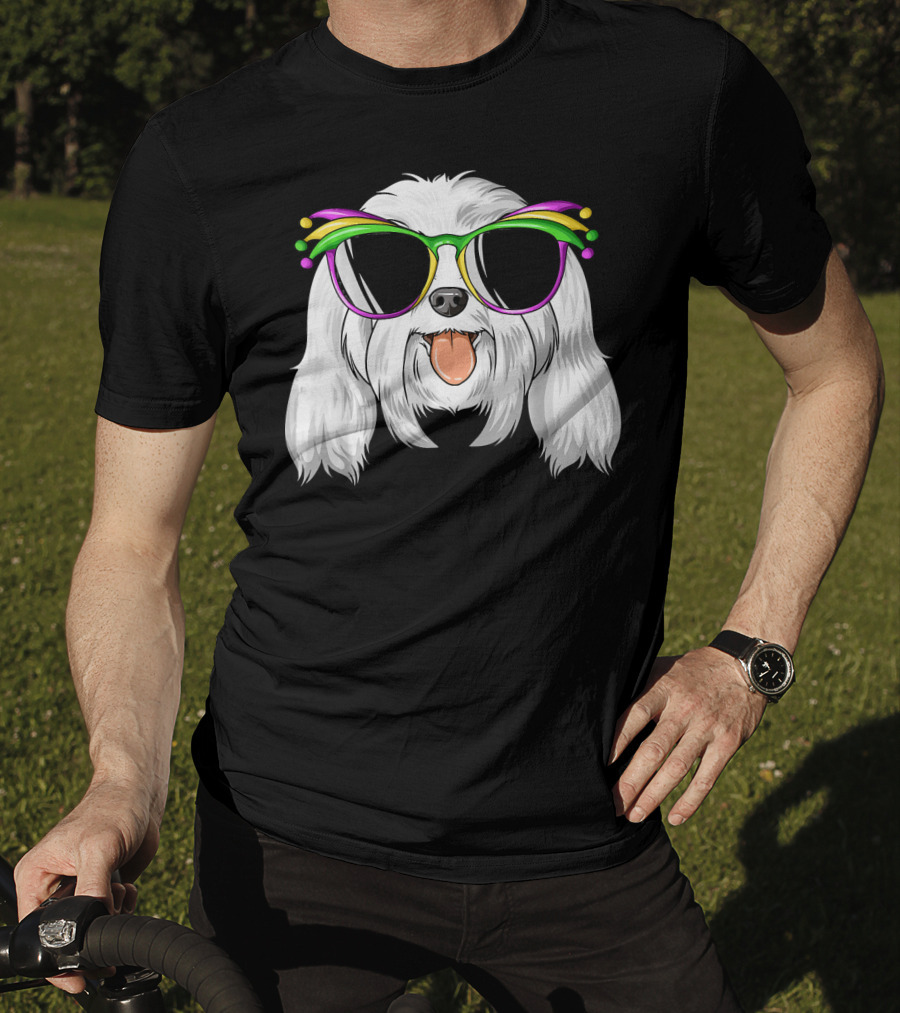 Maltese Dog With Mardi Gras Carnival Mask And Sunglasses T-Shirt