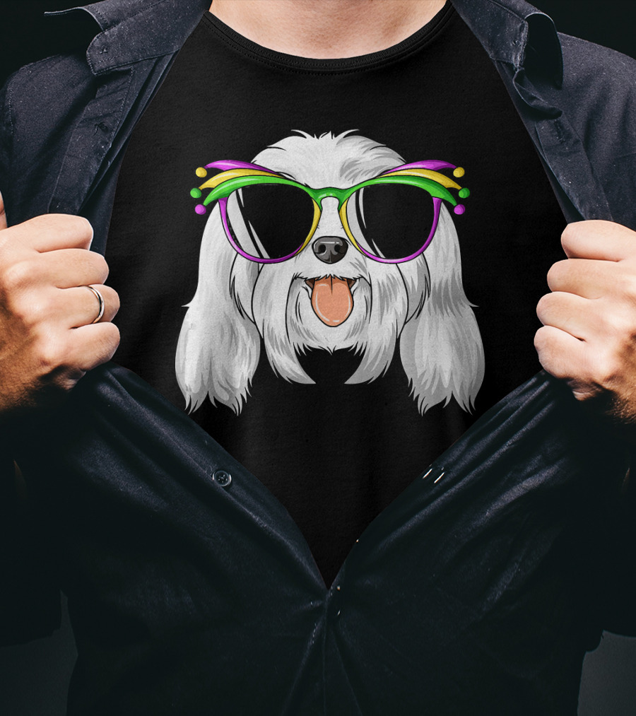 Maltese Dog With Mardi Gras Carnival Mask And Sunglasses T-Shirt