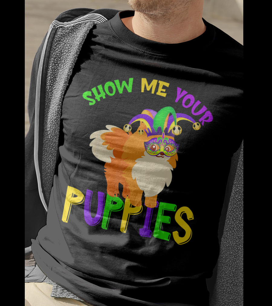 Show Me Your Puppies Pomeranian Jester Mask Colorful Fun T-Shirt