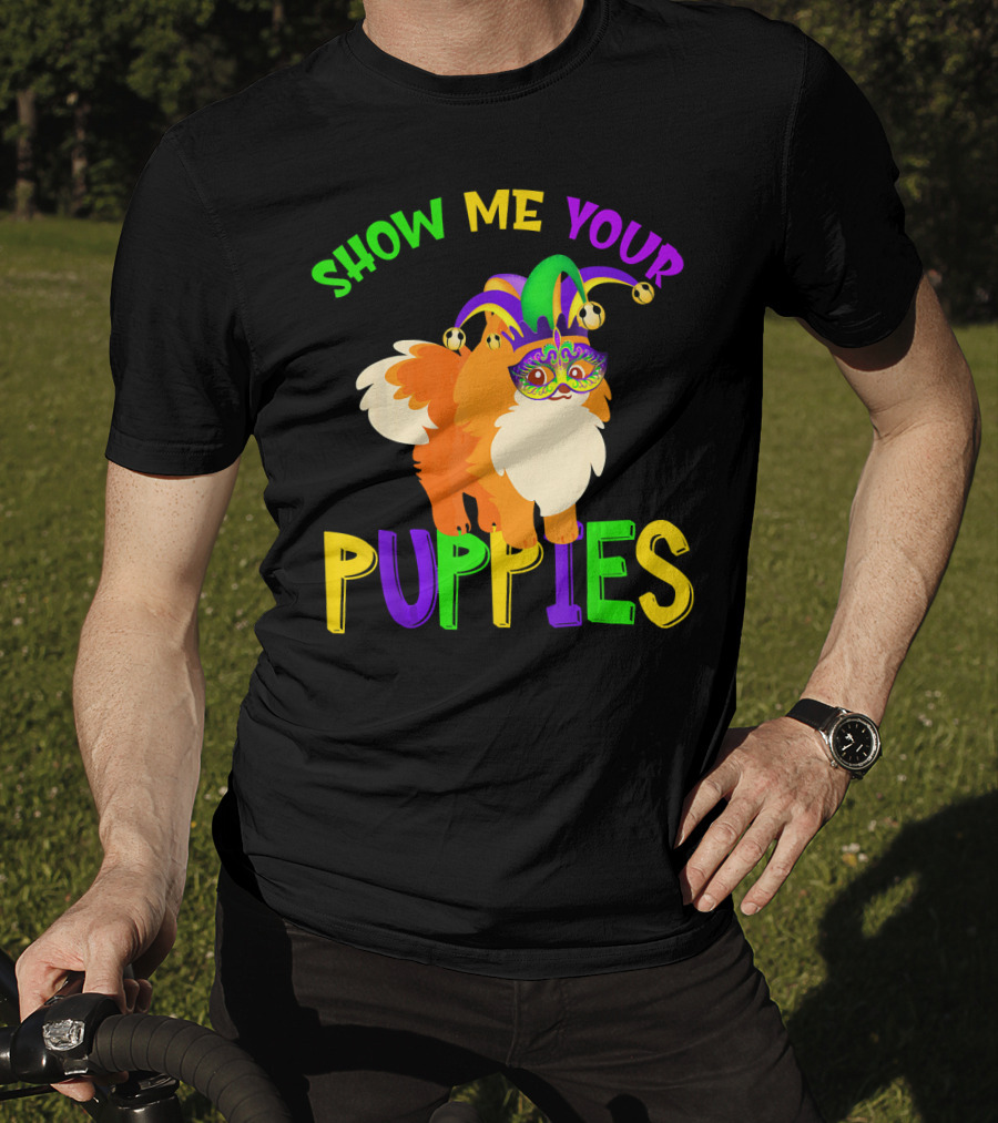 Show Me Your Puppies Pomeranian Jester Mask Colorful Fun T-Shirt
