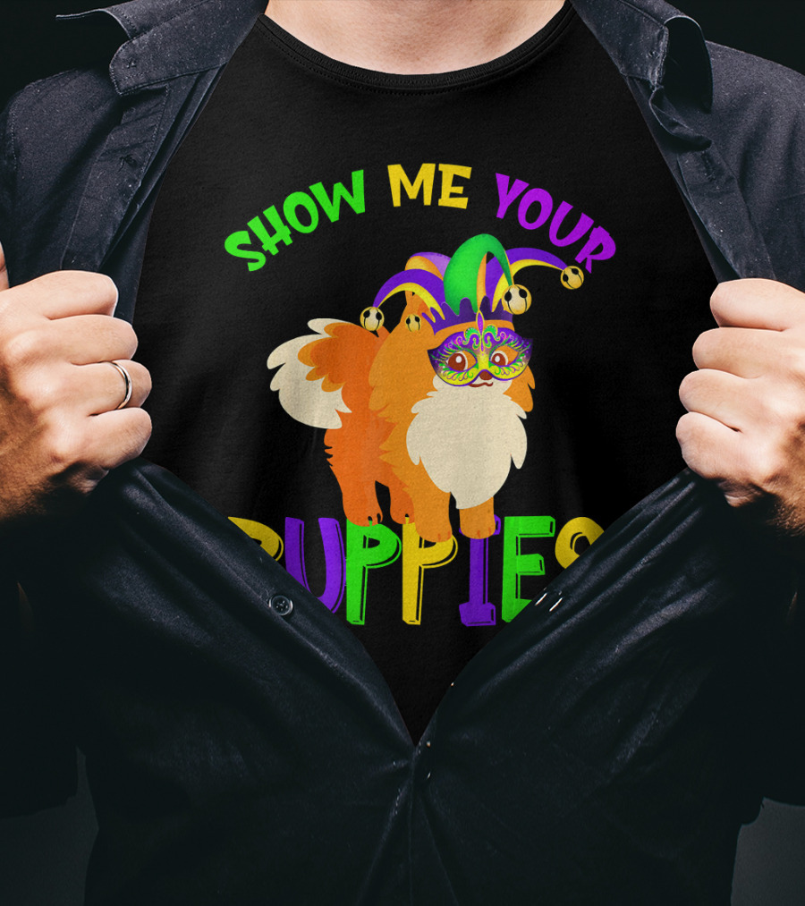 Show Me Your Puppies Pomeranian Jester Mask Colorful Fun T-Shirt
