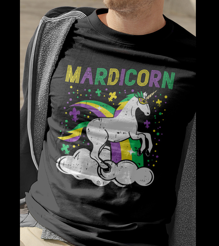 Mardicorn Retro Unicorn Jester Animal Mardi Gras Fleur-de-Lis Clouds T-Shirt