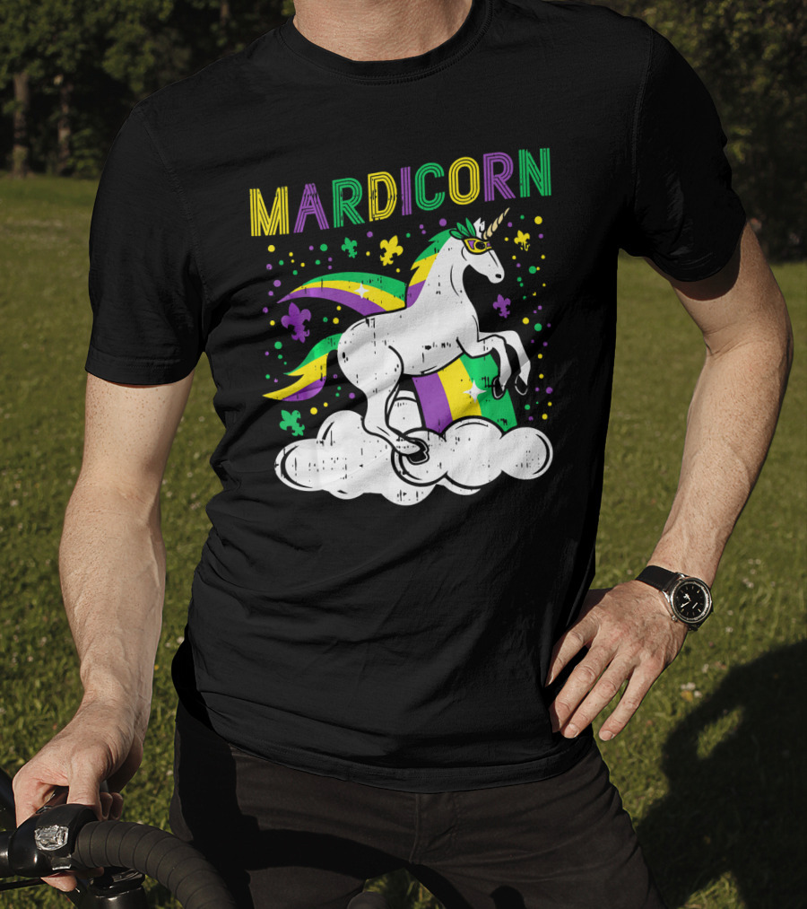 Mardicorn Retro Unicorn Jester Animal Mardi Gras Fleur-de-Lis Clouds T-Shirt