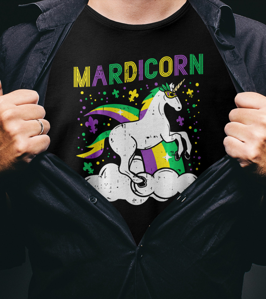 Mardicorn Retro Unicorn Jester Animal Mardi Gras Fleur-de-Lis Clouds T-Shirt