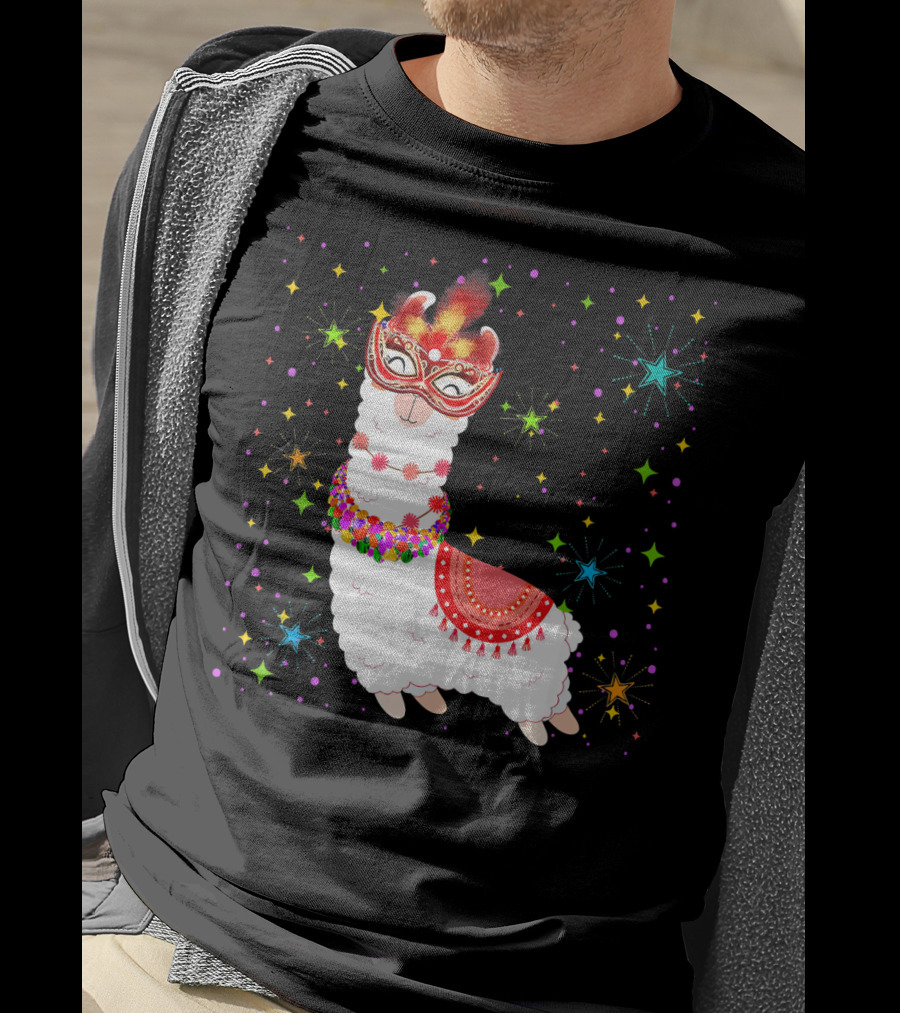 Llama Mardi Gras Mask Beads Colorful Festive Stars T-Shirt