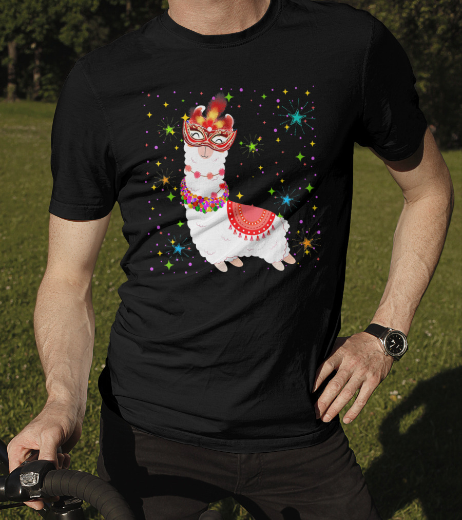 Llama Mardi Gras Mask Beads Colorful Festive Stars T-Shirt