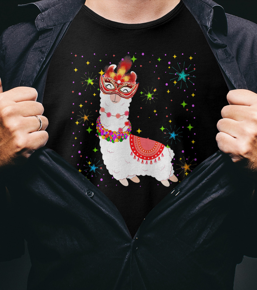 Llama Mardi Gras Mask Beads Colorful Festive Stars T-Shirt