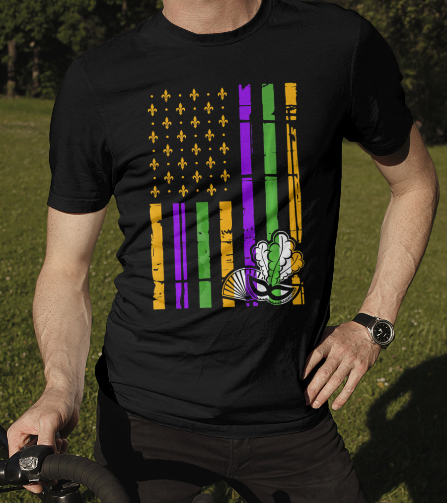 US Mardi Gras Celebration Flag Fleur De Lis Mask T-Shirt