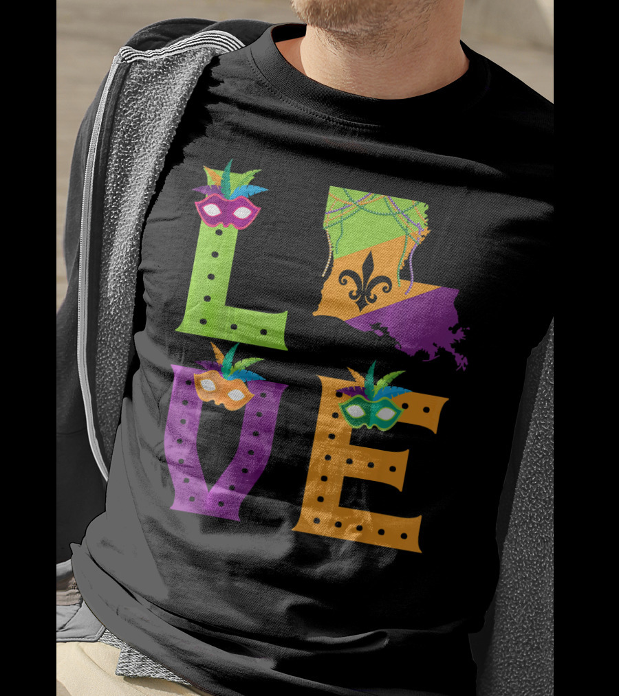 Love Mardi Gras Louisiana Fleur-de-lis Mask Beads T-Shirt