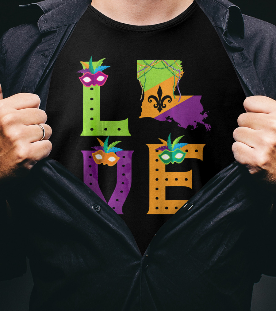 Love Mardi Gras Louisiana Fleur-de-lis Mask Beads T-Shirt