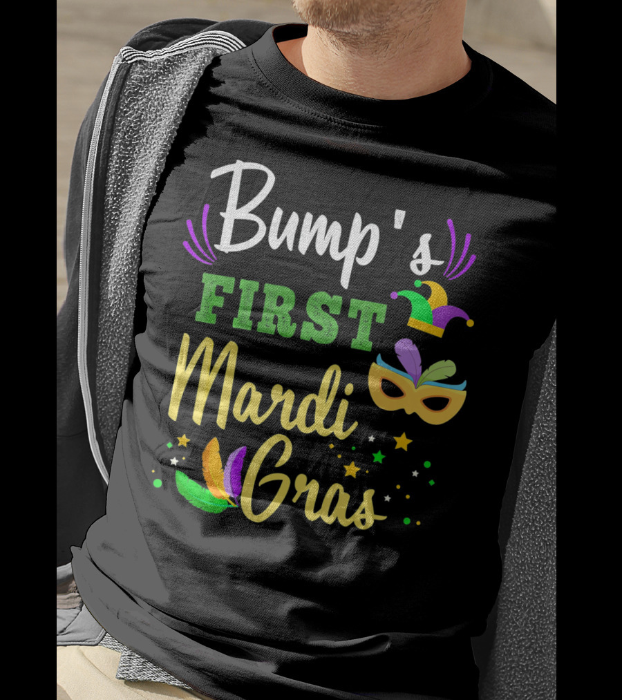 Bump's First Mardi Gras Jester Hat Mask Feathers Stars T-Shirt