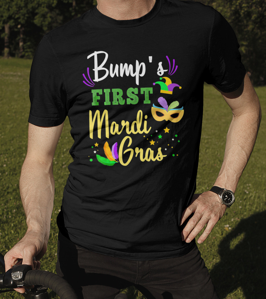 Bump's First Mardi Gras Jester Hat Mask Feathers Stars T-Shirt
