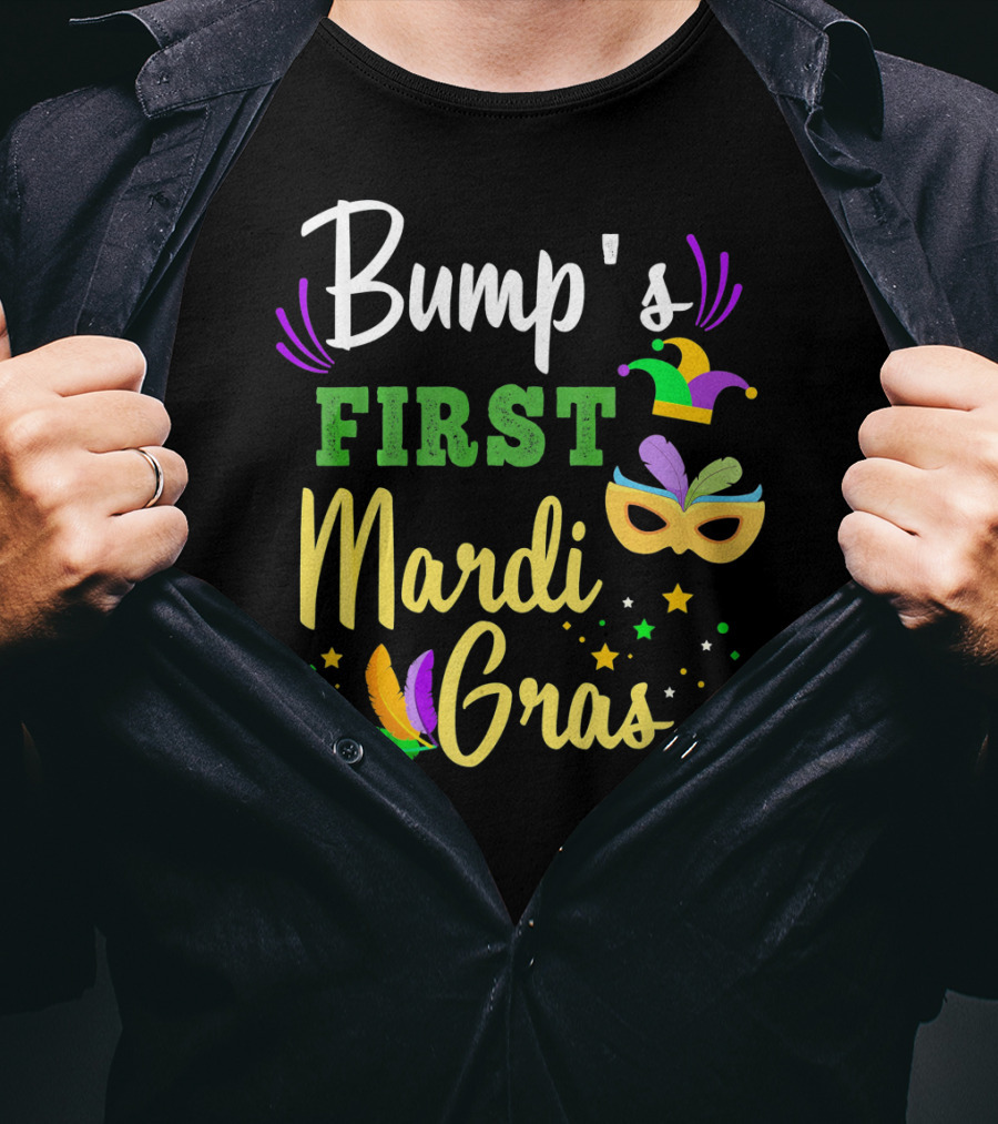 Bump's First Mardi Gras Jester Hat Mask Feathers Stars T-Shirt
