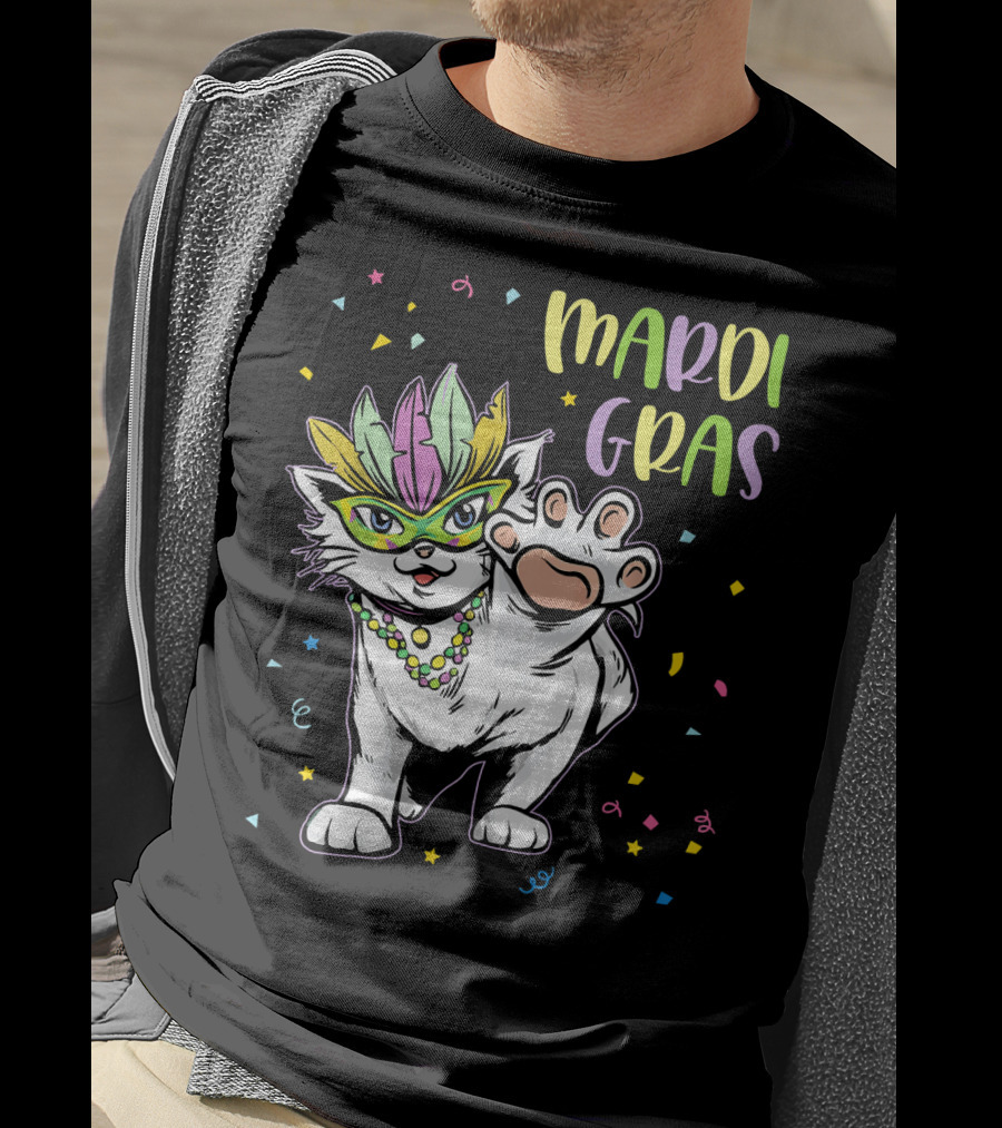 Mardi Gras Masked Cat Dancing With Beads And Confetti T-Shirt