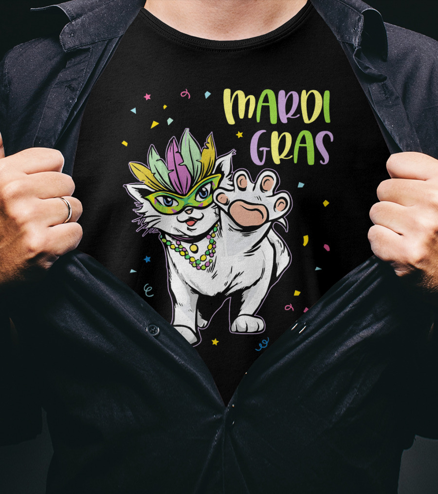 Mardi Gras Masked Cat Dancing With Beads And Confetti T-Shirt