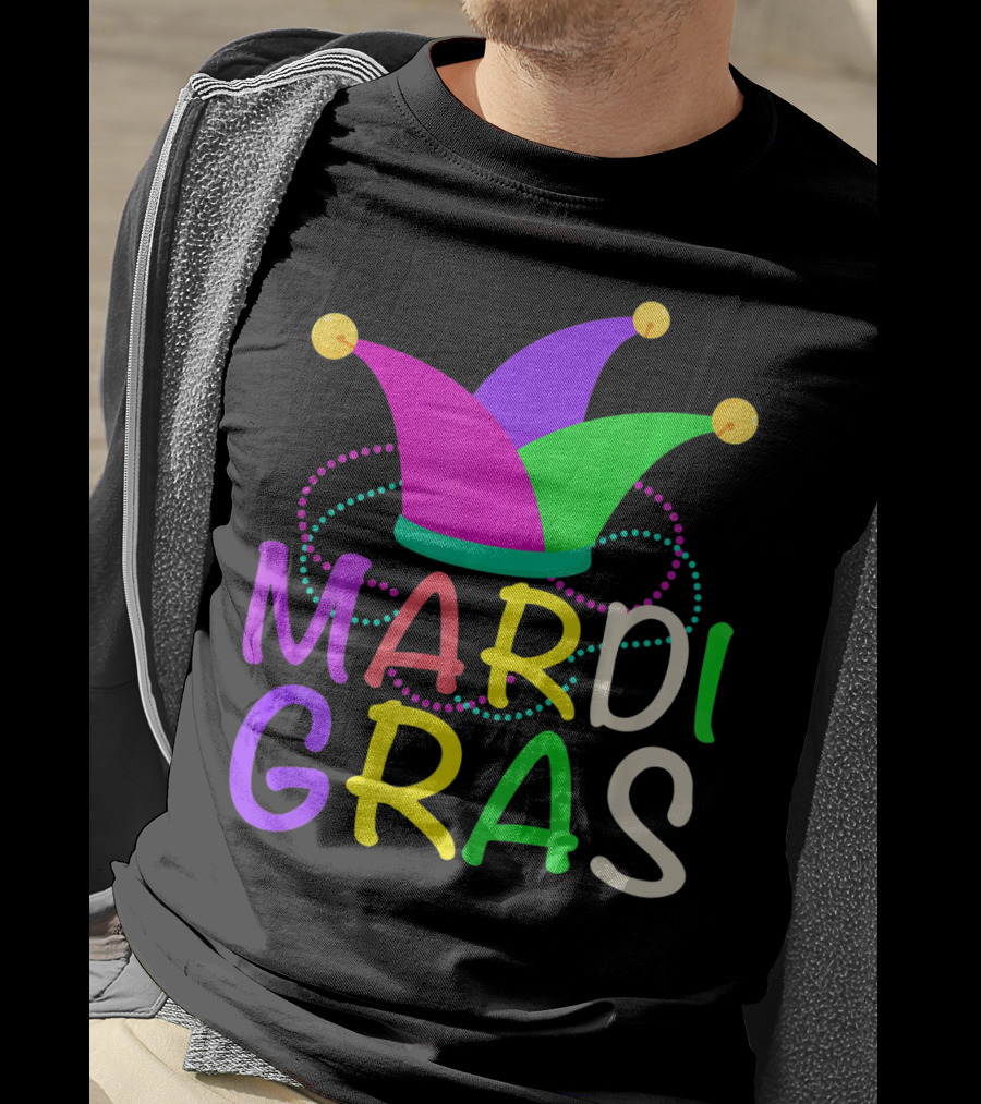Mardi Gras Jester Hat Colorful Beads T-Shirt
