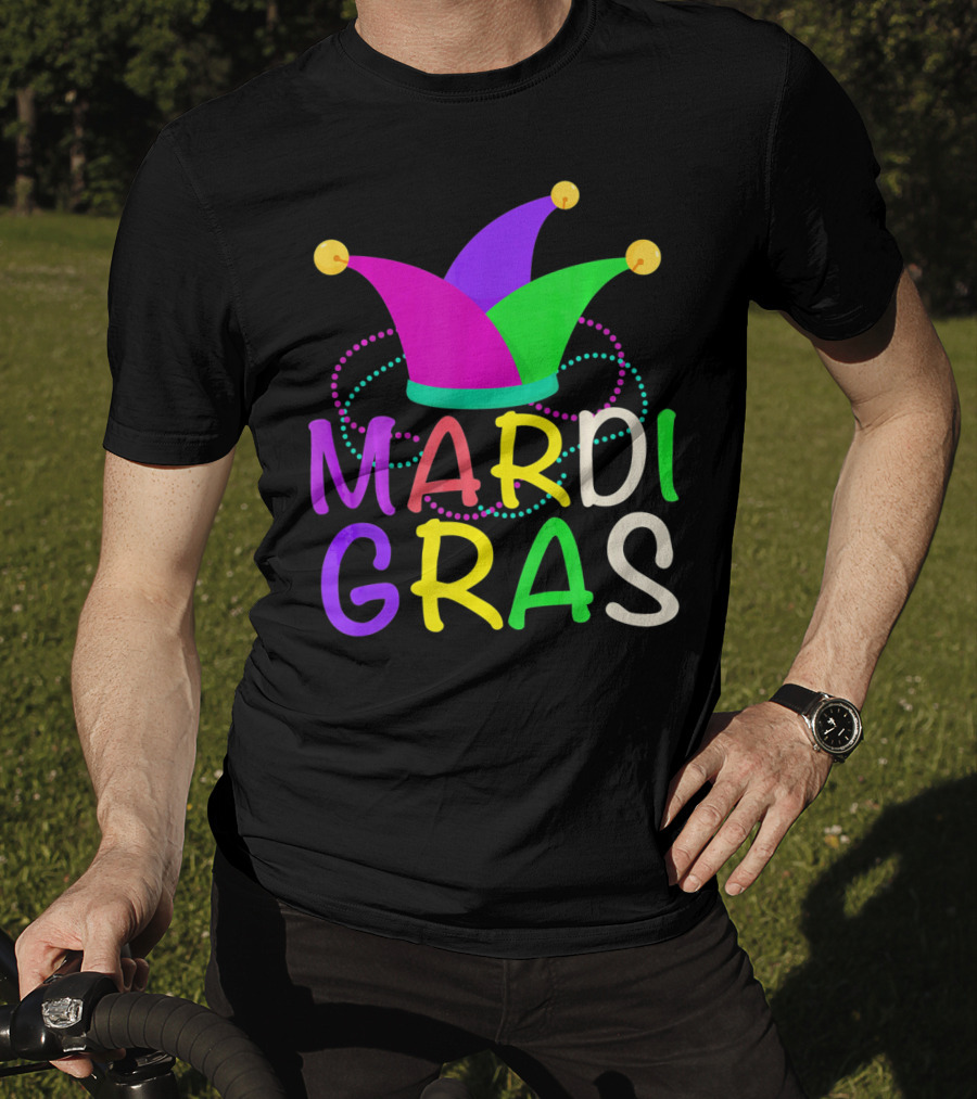 Mardi Gras Jester Hat Colorful Beads T-Shirt