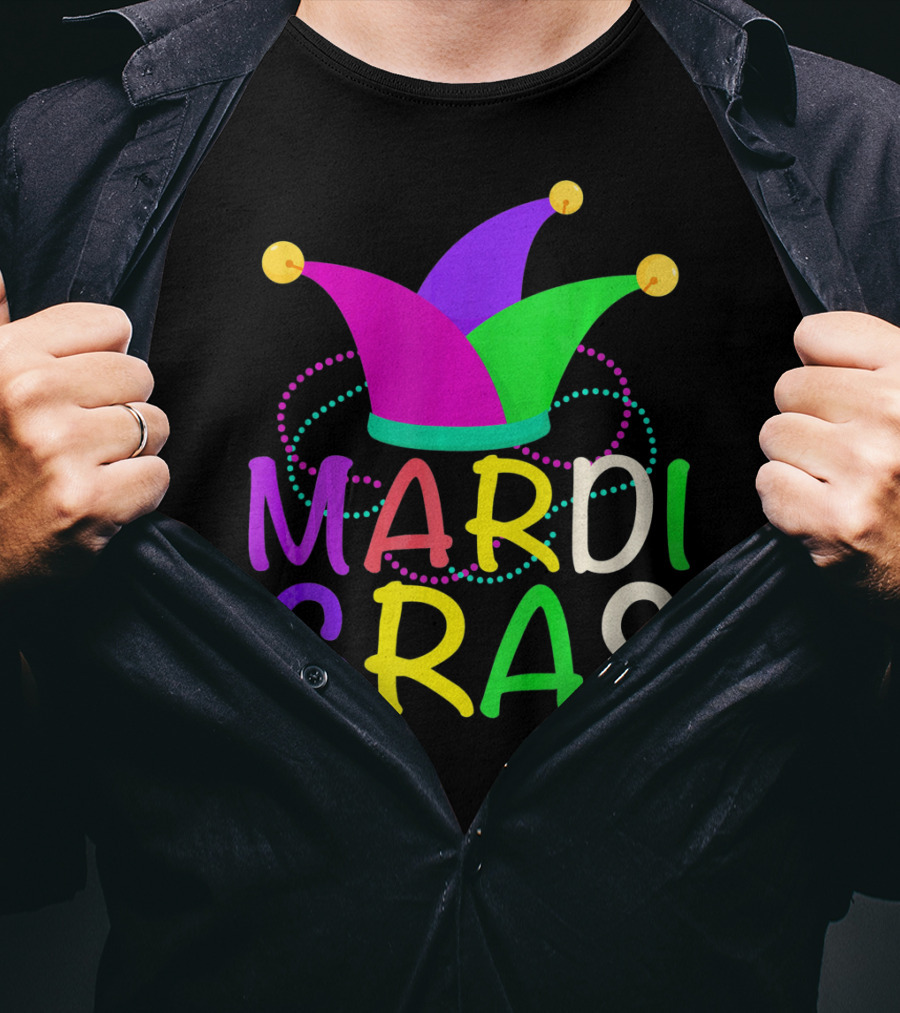 Mardi Gras Jester Hat Colorful Beads T-Shirt