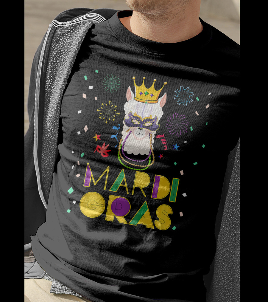 Mardi Gras Llama Alpaca Crowns Beads Fun Mask Fireworks T-Shirt