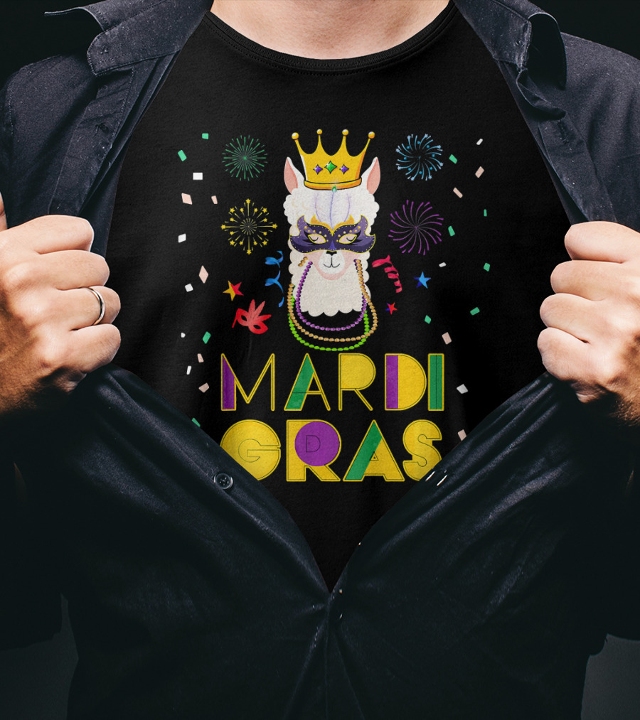 Mardi Gras Llama Alpaca Crowns Beads Fun Mask Fireworks T-Shirt