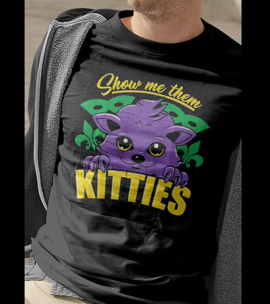 Show Me Them Kitties Mardi Gras Mask Purple Cat Fleur-de-Lis T-Shirt