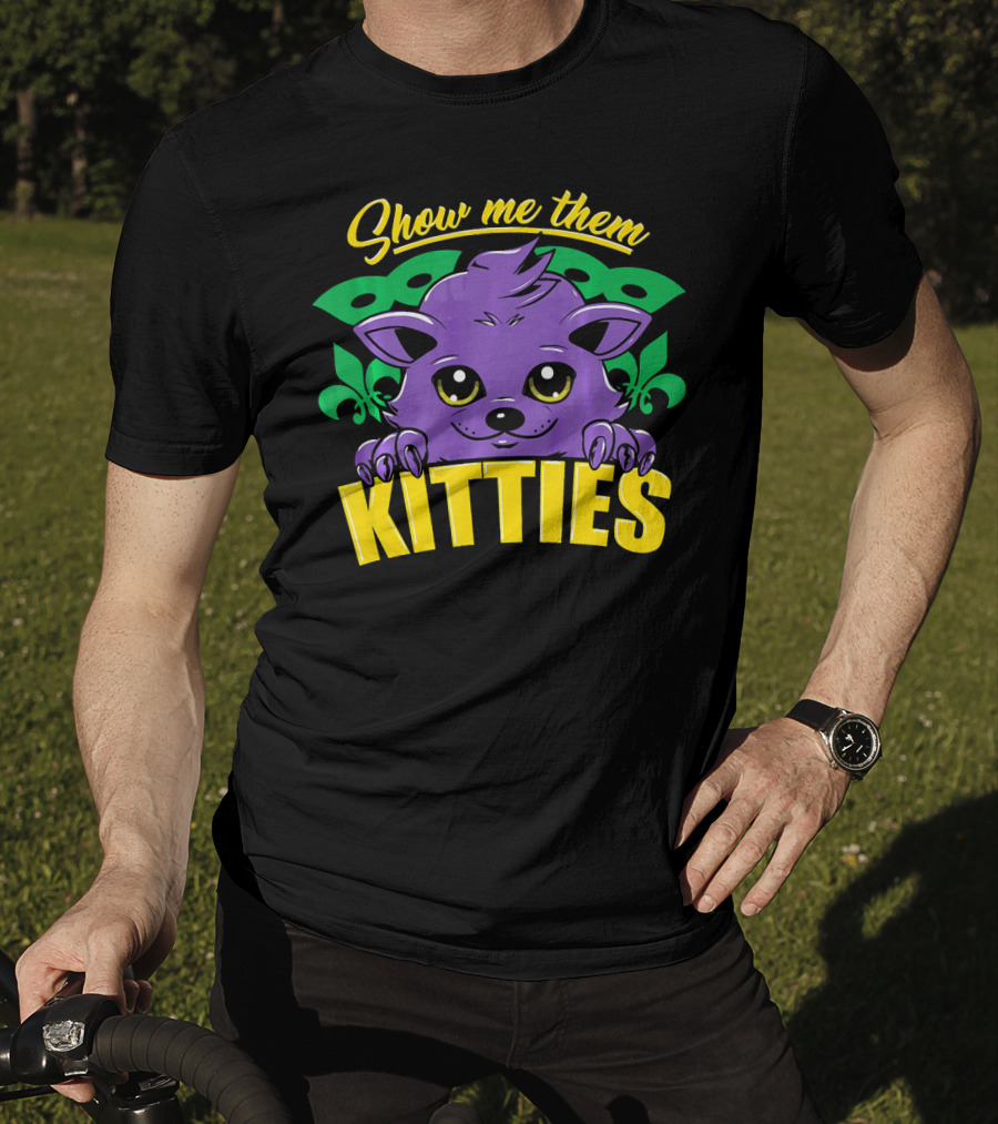 Show Me Them Kitties Mardi Gras Mask Purple Cat Fleur-de-Lis T-Shirt