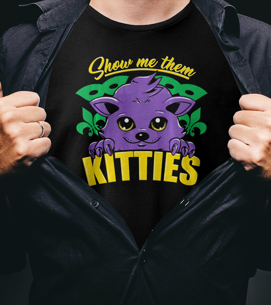 Show Me Them Kitties Mardi Gras Mask Purple Cat Fleur-de-Lis T-Shirt