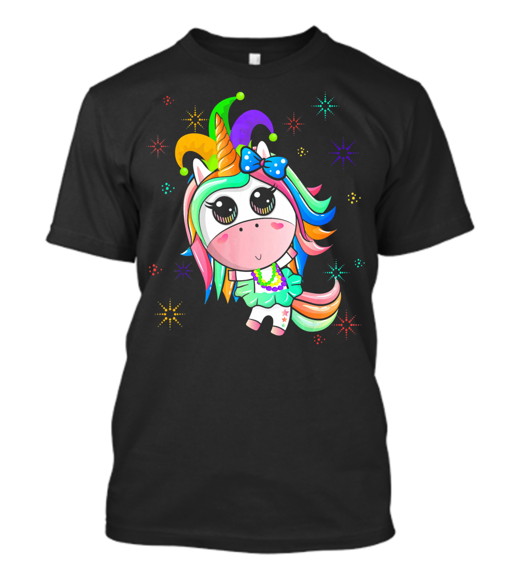 Mardi Gras Unicorn With Colorful Beads And Jester Hat T-Shirt