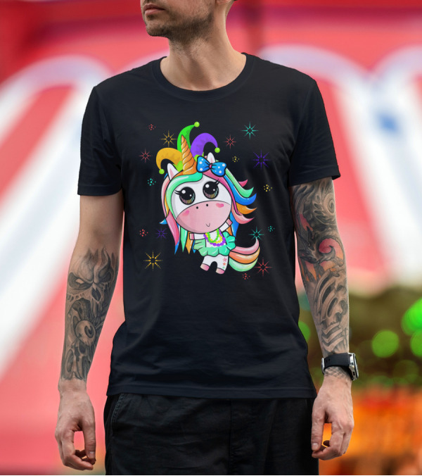 Premium T-Shirt: Mardi Gras Unicorn with Colorful Beads and Jester Hat T-Shirt Mardi Gras Unicorn with Colorful Beads and Jester Hat T-Shirt