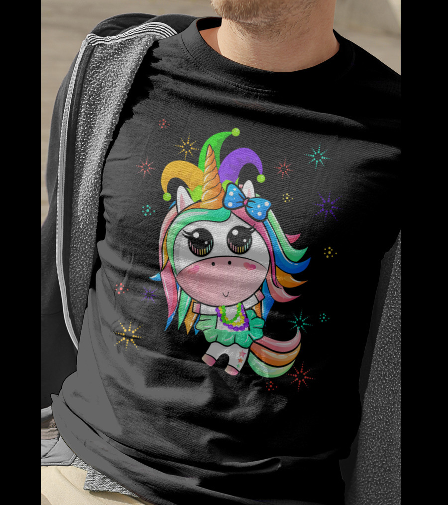 Mardi Gras Unicorn With Colorful Beads And Jester Hat T-Shirt