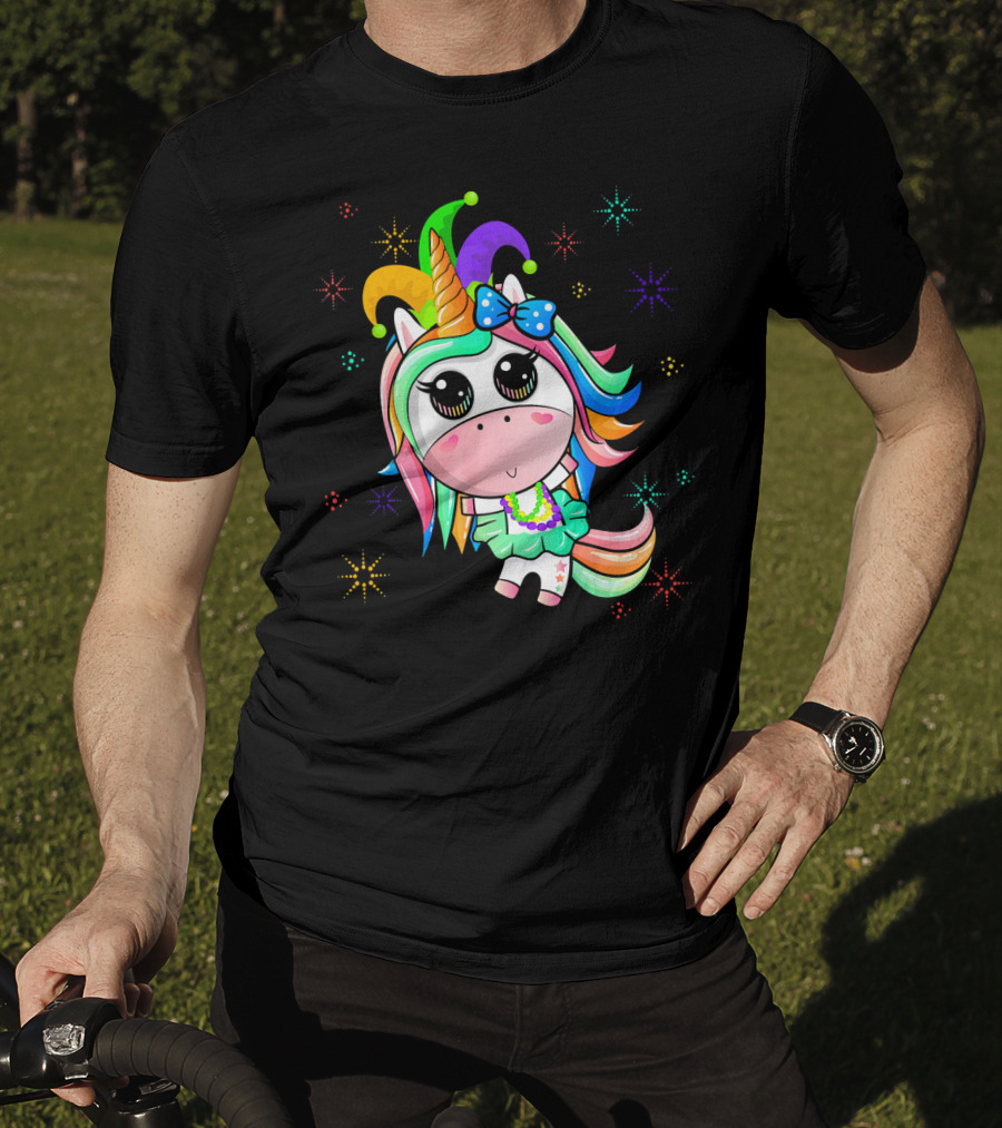 Mardi Gras Unicorn With Colorful Beads And Jester Hat T-Shirt