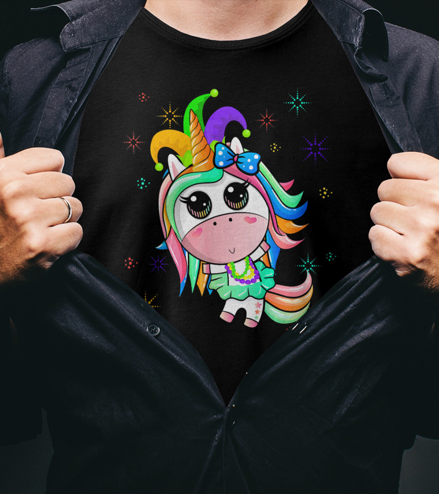 Mardi Gras Unicorn With Colorful Beads And Jester Hat T-Shirt