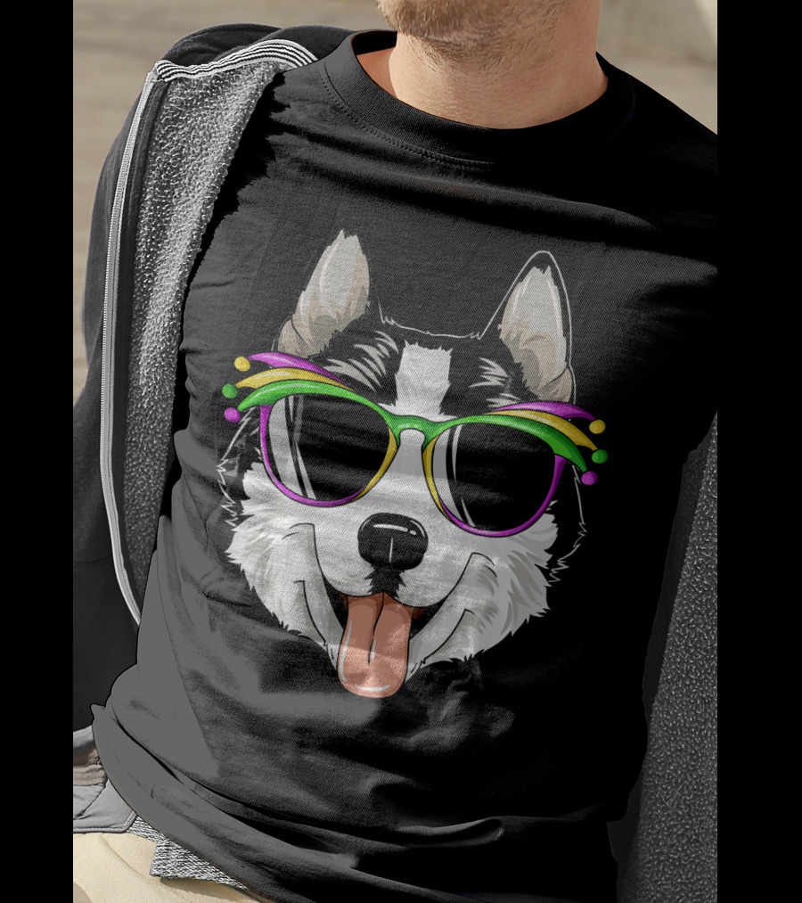 Husky Mardi Gras Carnival Mask Sunglasses Dog T-Shirt