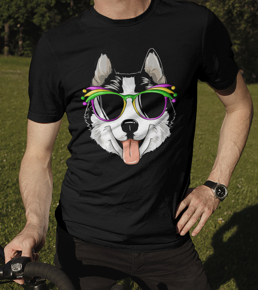 Husky Mardi Gras Carnival Mask Sunglasses Dog T-Shirt