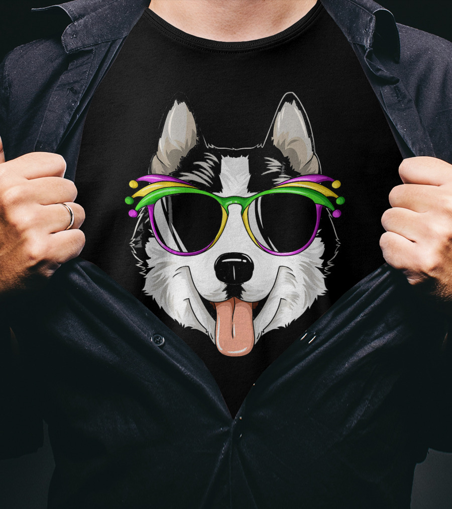 Husky Mardi Gras Carnival Mask Sunglasses Dog T-Shirt