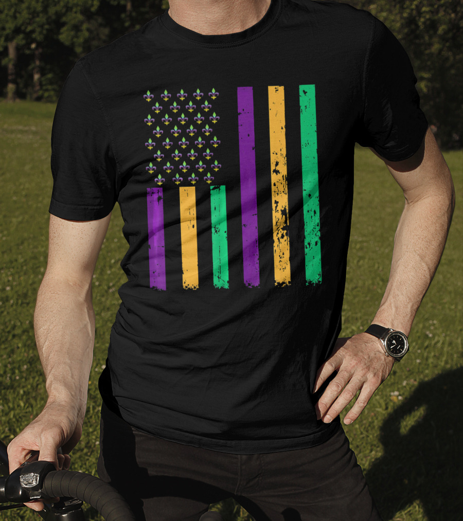 Vintage Fleur-de-Lis Mardi Gras American Flag T-Shirt