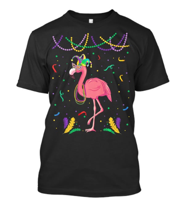 Flamingo Mardi Gras Beads And Mask T-Shirt