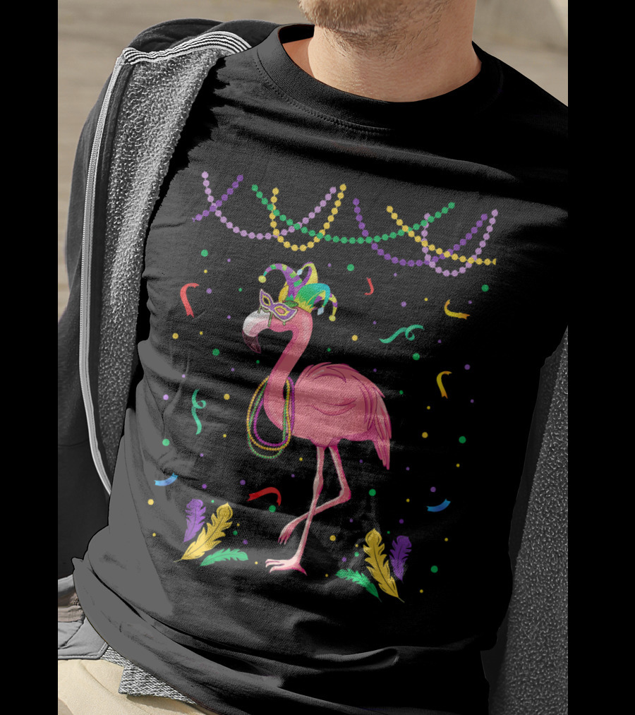 Flamingo Mardi Gras Beads And Mask T-Shirt