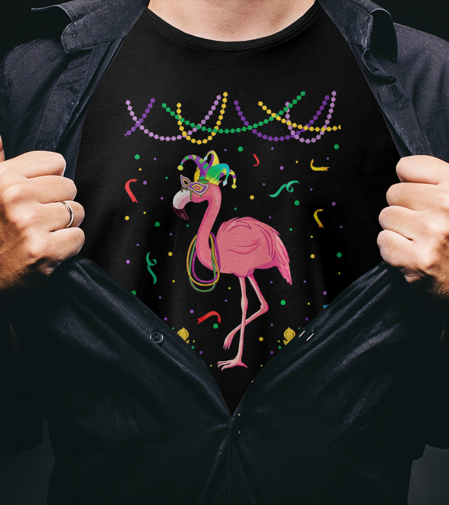 Flamingo Mardi Gras Beads And Mask T-Shirt