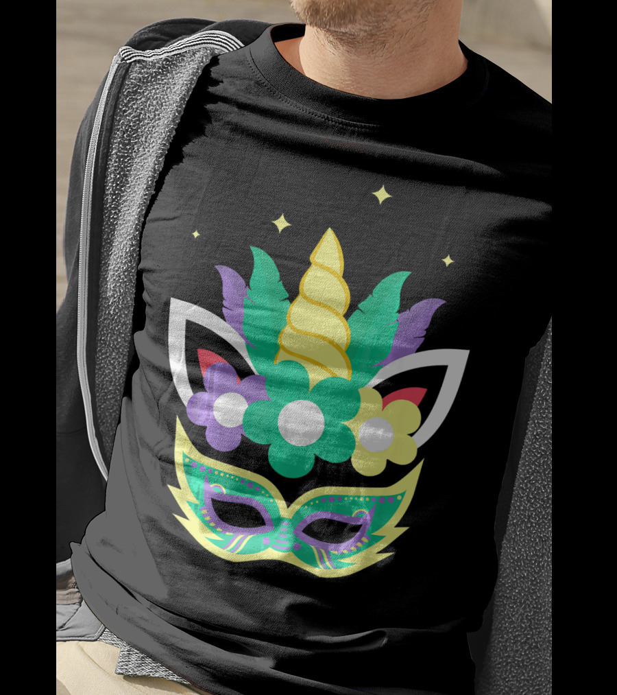 Unicorn Mardi Gras Mask With Flowers And Stars T-Shirt