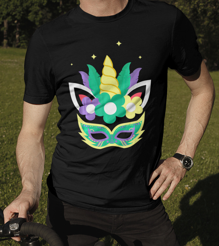 Unicorn Mardi Gras Mask With Flowers And Stars T-Shirt