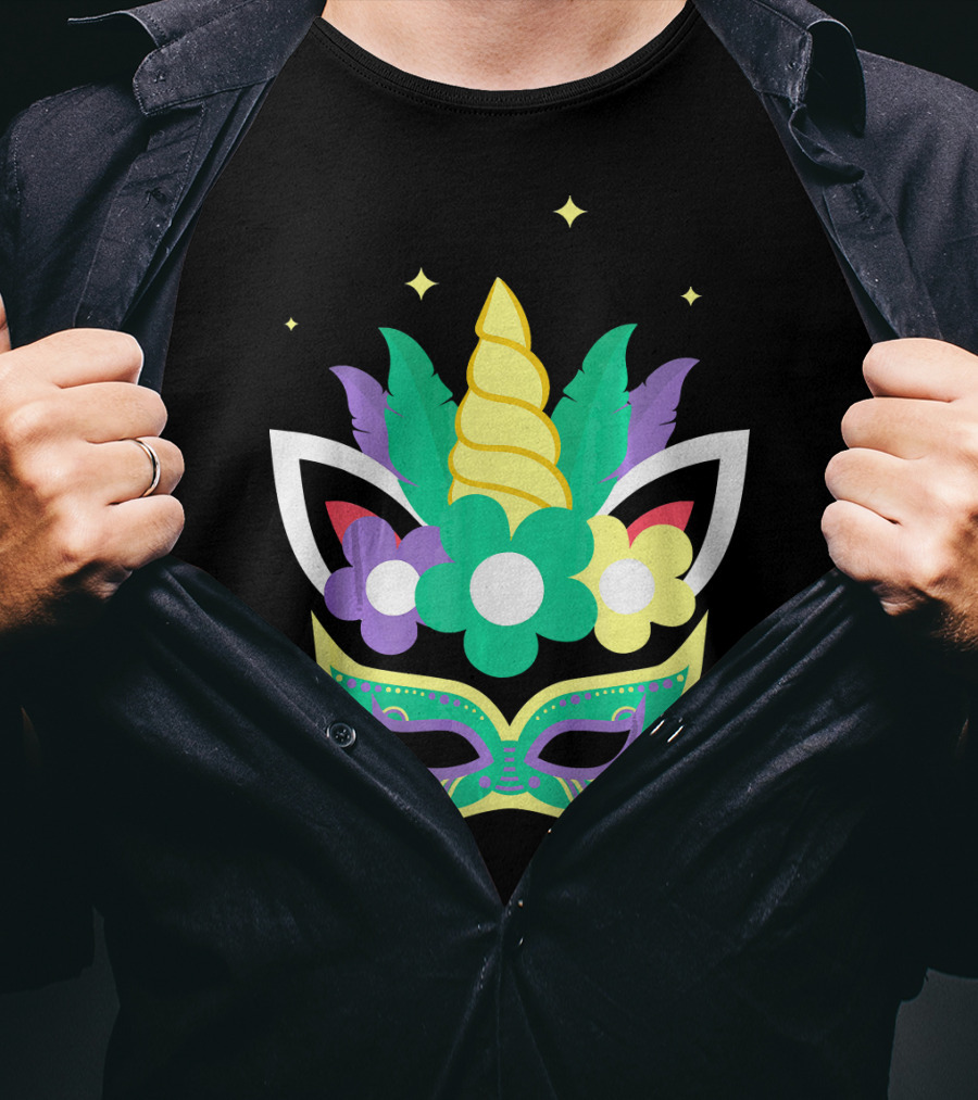 Unicorn Mardi Gras Mask With Flowers And Stars T-Shirt