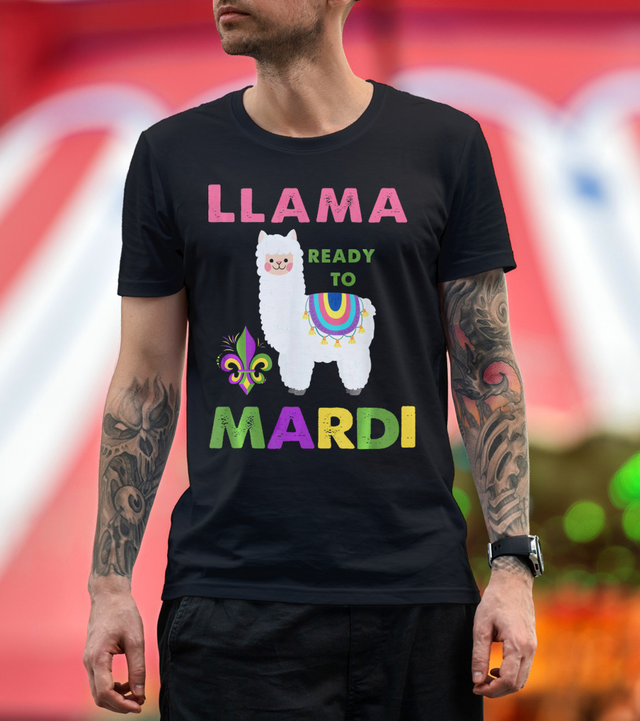 Llama Ready To Mardi Gras Fleur De Lis Festival Colors T-Shirt