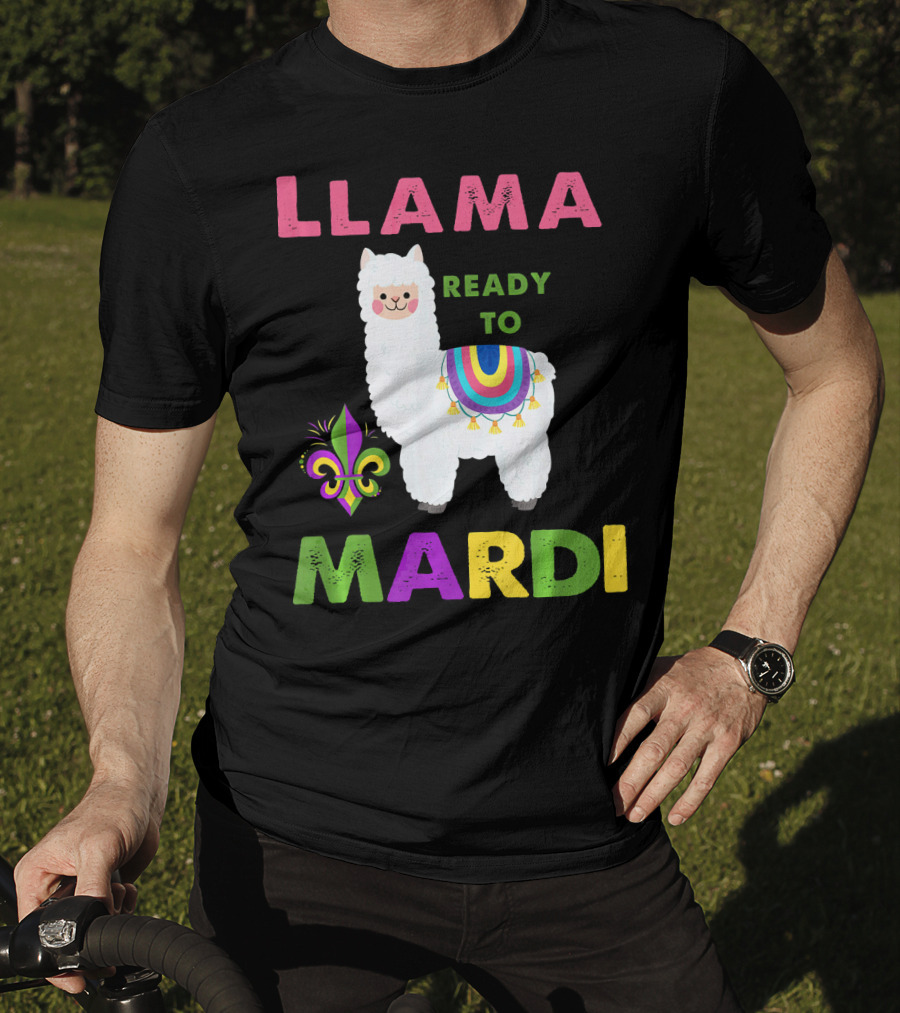 Llama Ready To Mardi Gras Fleur De Lis Festival Colors T-Shirt